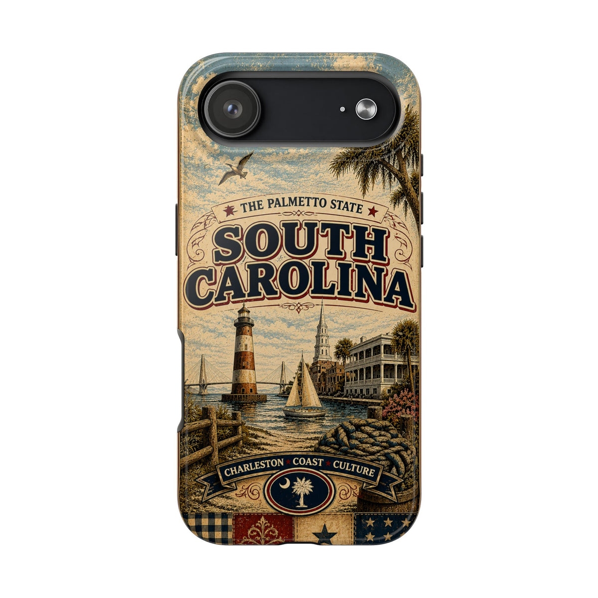 South Carolina Faux Patchwork Phone Case Palmetto State Retro Charleston Coastal Lighthouse State Pride Cover