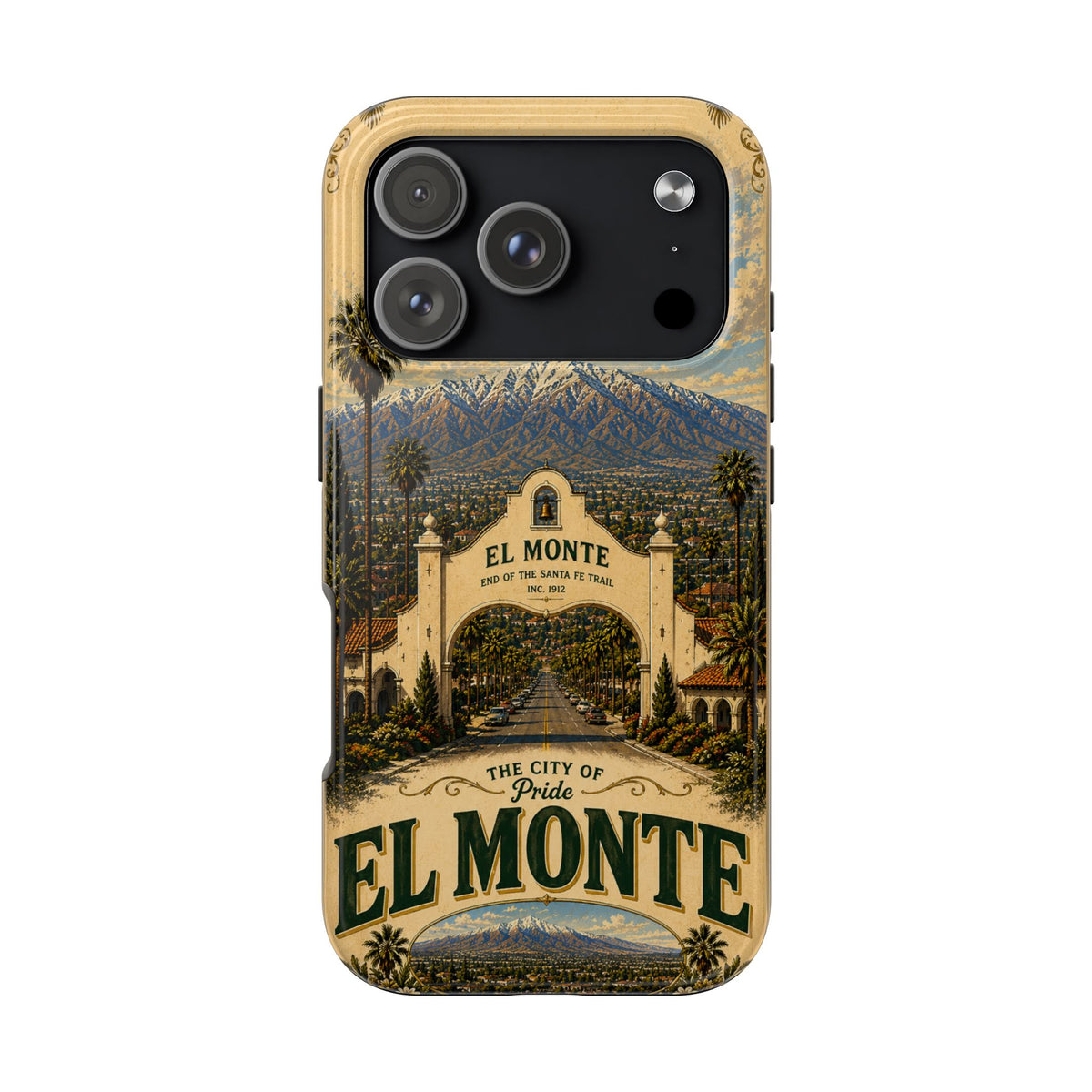 El Monte Faux Patchwork Phone Case – Santa Fe Trail Historic Archway Retro Travel Cover for iPhone 17 Samsung S26