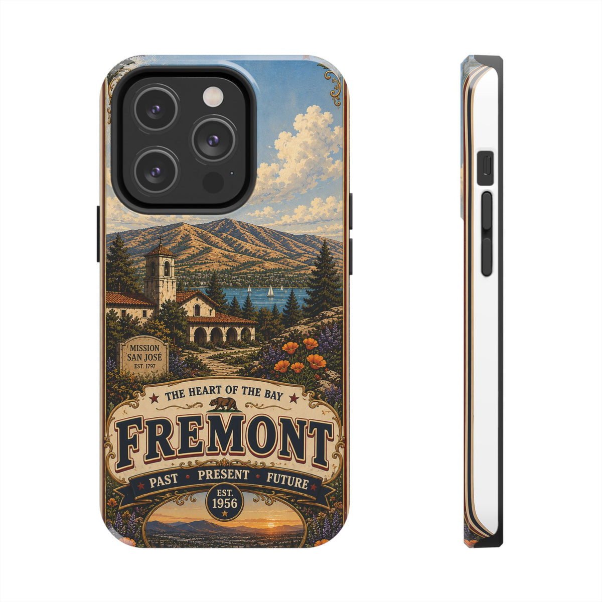 Fremont California Faux Patchwork Phone Case – Heart of the Bay Retro Travel Art, Mission San José Landmark Cover