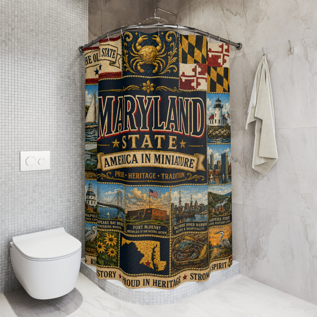 Maryland Shower Curtain, Chesapeake Bay Decor, Old Line State Faux Patchwork, Coastal Landmark Bathroom Decor