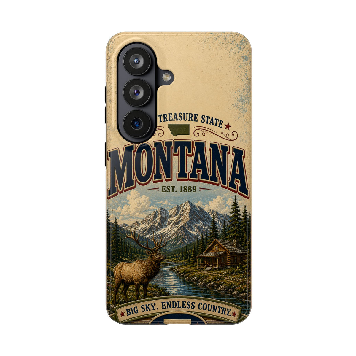 Montana Big Sky Country Faux Patchwork Phone Case – Vintage Travel Poster Scenic Mountain Design for iPhone & Samsung