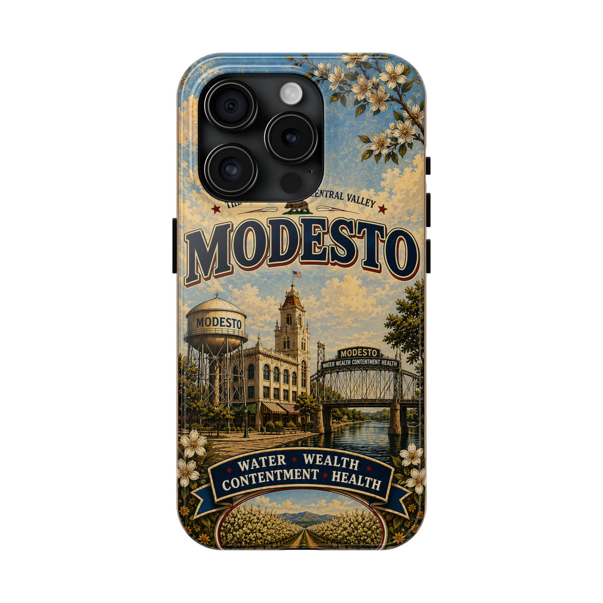 Modesto Faux Patchwork Phone Case – Central Valley Heritage Retro Travel Art, Orchard & Waterfront Cover