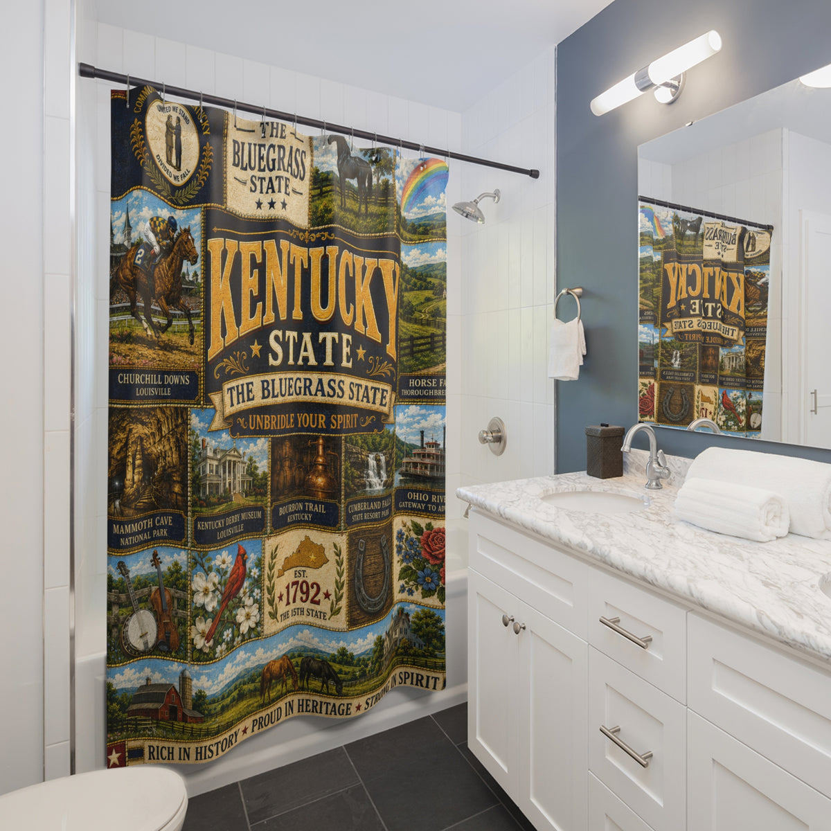 Kentucky Shower Curtain, Bluegrass State Decor, Horse Country Faux Patchwork, Rustic Kentucky Bathroom Decor