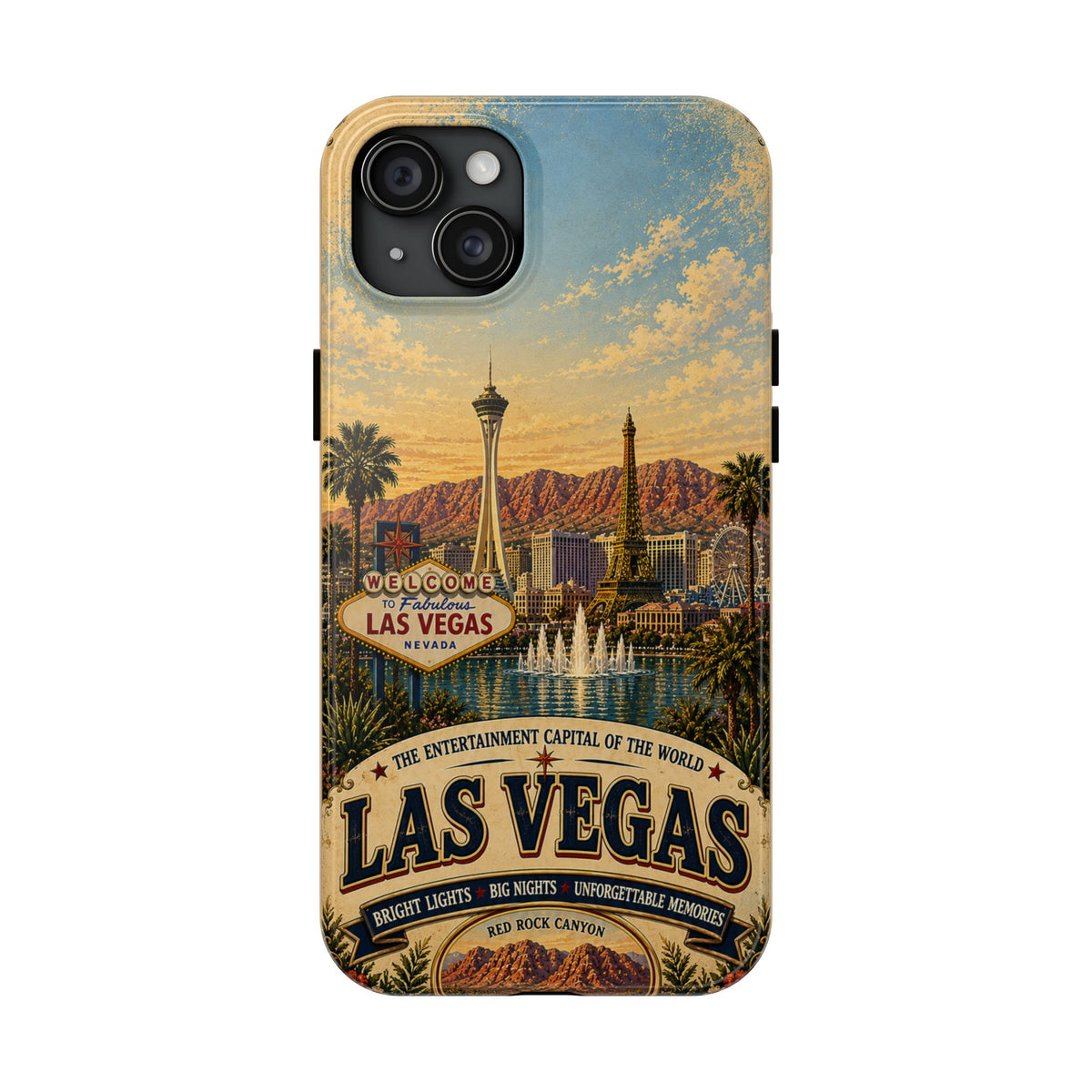 Las Vegas Faux Patchwork Phone Case – Entertainment Capital Retro Travel Art, Strip Skyline & Desert Sunset Cover