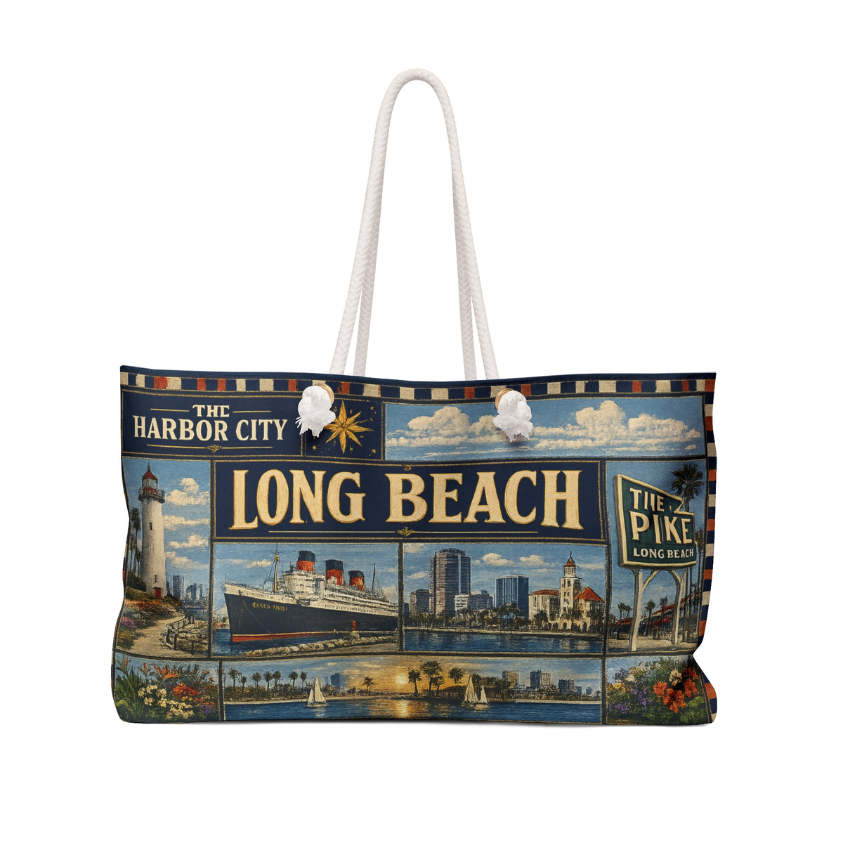 Long Beach California Weekender Bag Harbor City Faux Patchwork Travel Tote Queen Mary Coastal Getaway Gift