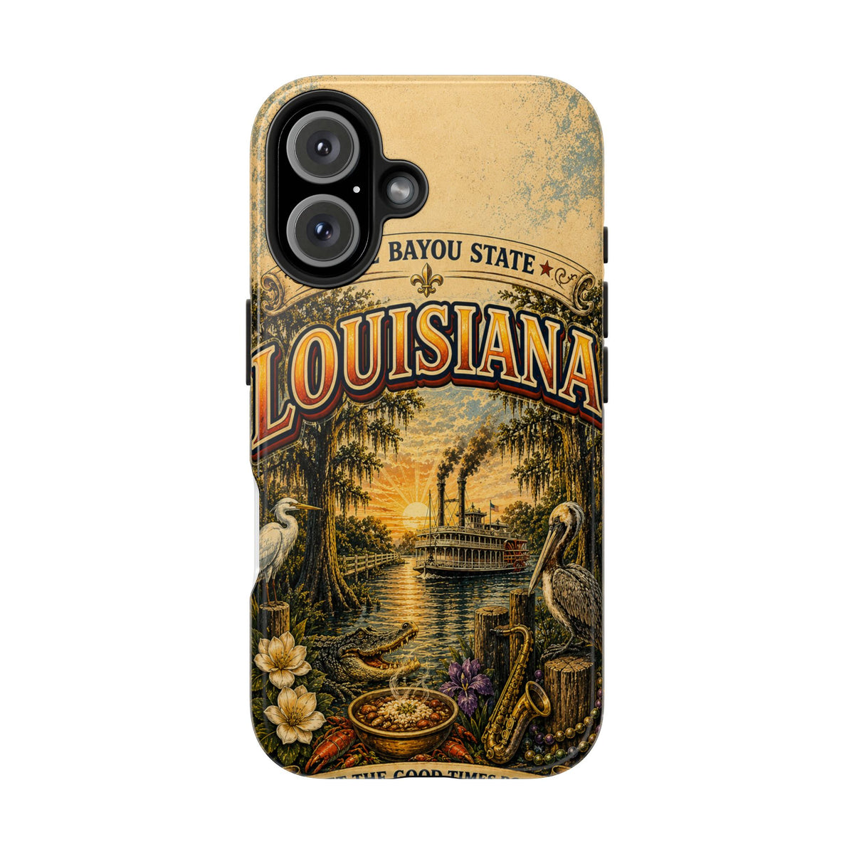 Louisiana Bayou State Faux Patchwork Phone Case – Vintage Travel Poster Style Louisiana Souvenir Cover for iPhone & Samsung