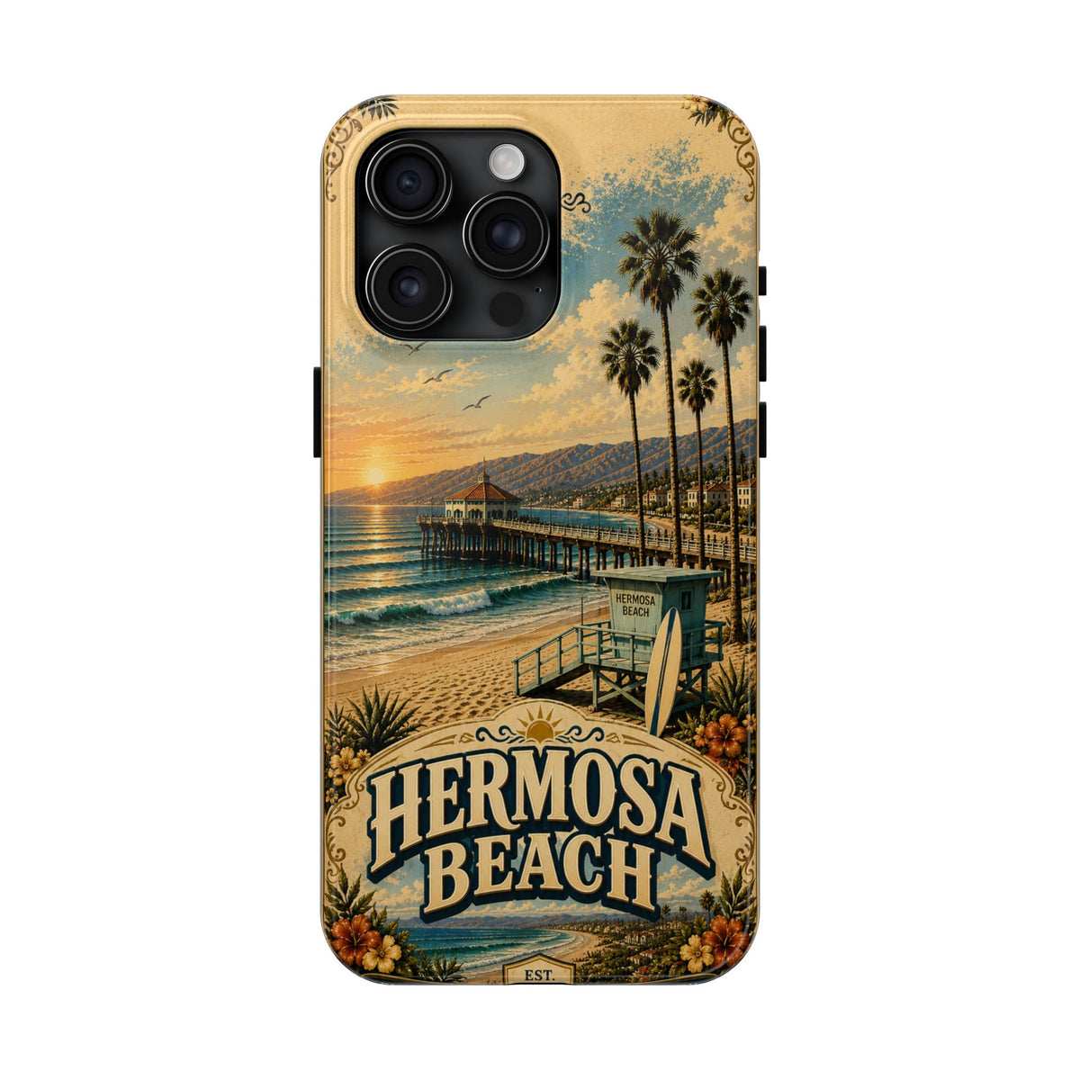 Coastal Pier Faux Patchwork Phone Case – Sunset Waves & Surf Retro California Beach Art Cover