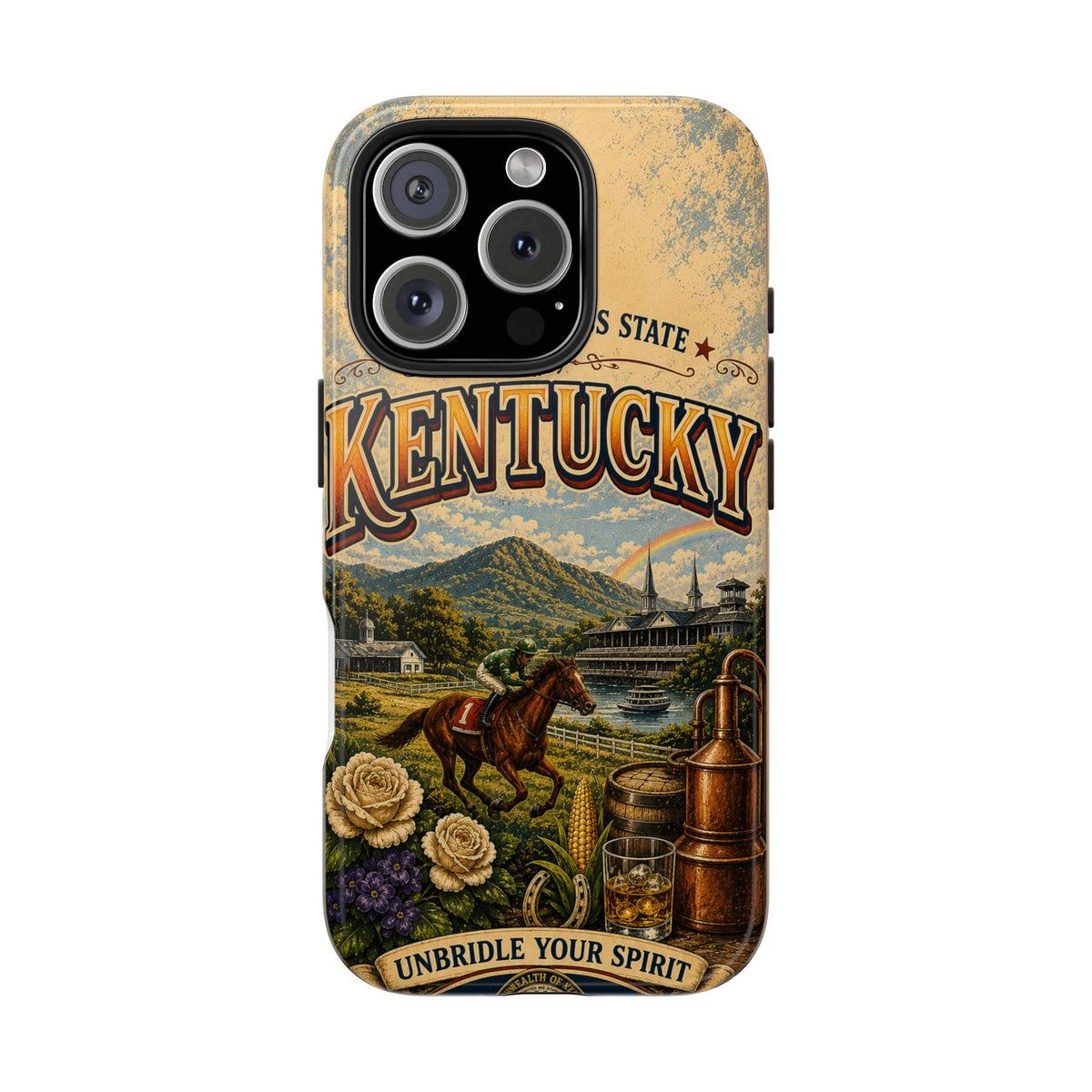 Kentucky Bluegrass State Faux Patchwork Phone Case – Vintage Travel Poster Style Kentucky Souvenir Cover for iPhone & Samsung