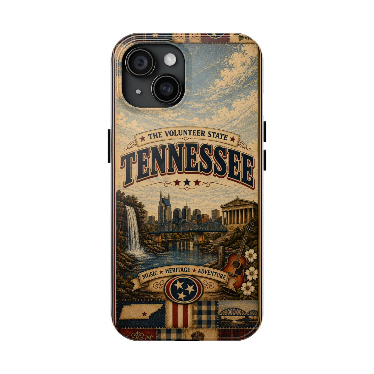 Tennessee Faux Patchwork Phone Case Volunteer State Retro Nashville Skyline Guitar State Pride Cover