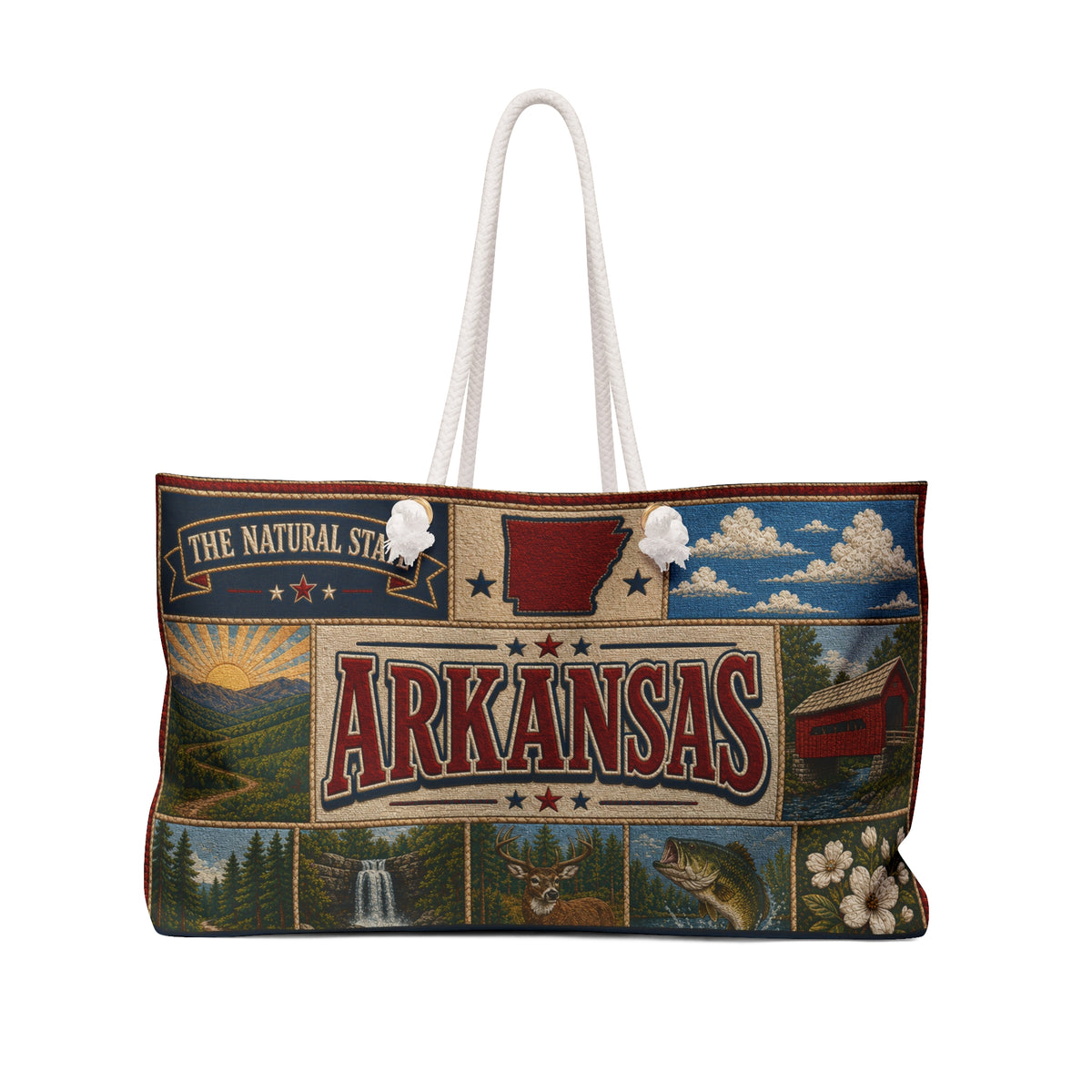 Arkansas Weekender Bag The Natural State Faux Patchwork Travel Tote Scenic Mountain Adventure State Souvenir Gift