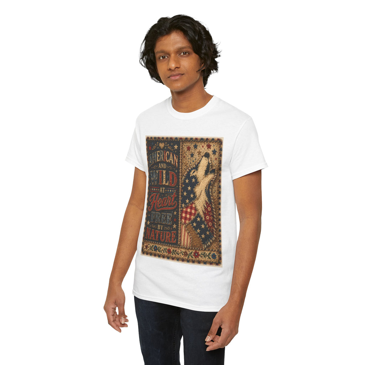 Patriotic Retro Tee – "American and Wild at Heart, Free by Nature" Flag Silhouette Shirt