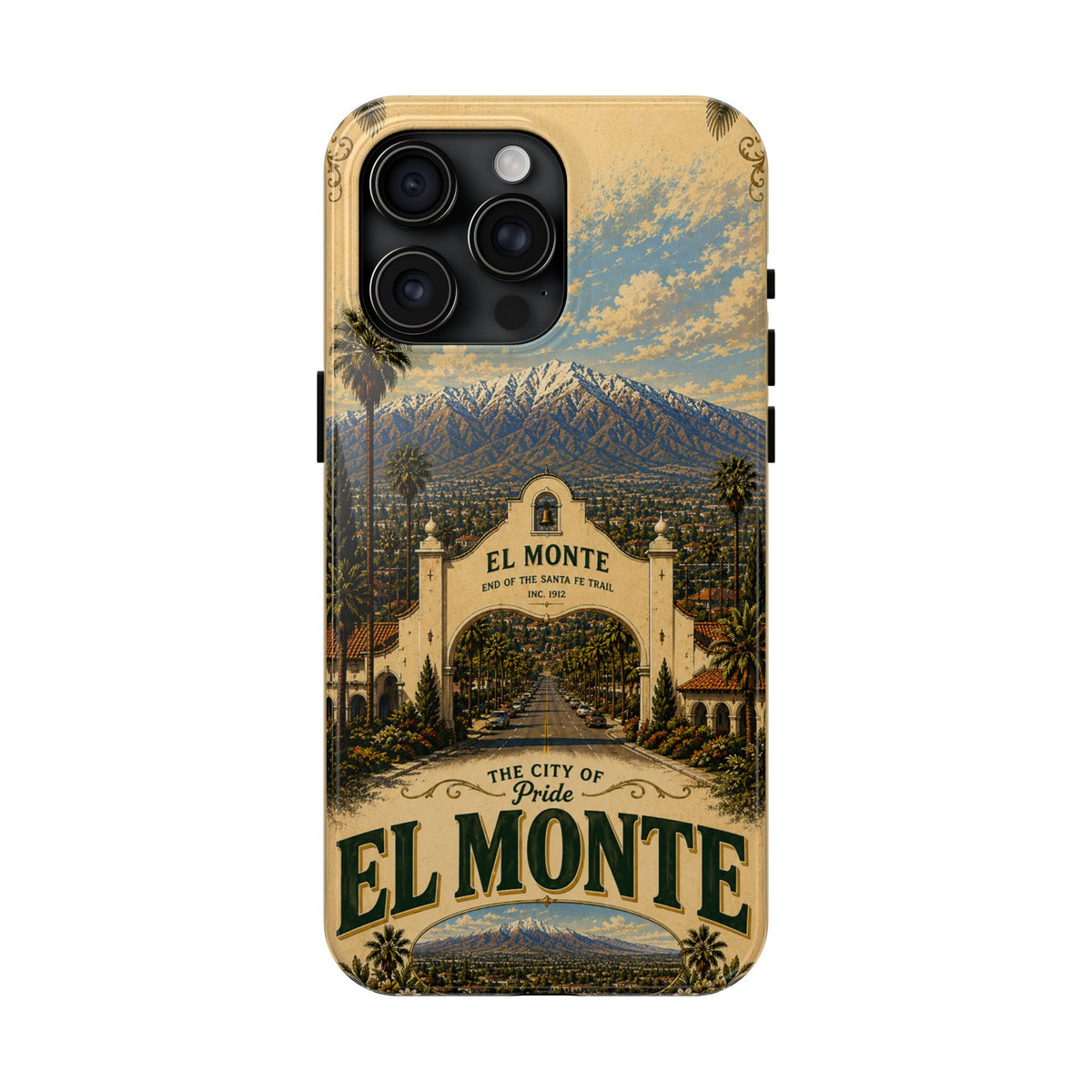 El Monte Faux Patchwork Phone Case – Santa Fe Trail Historic Archway Retro Travel Cover for iPhone 17 Samsung S26