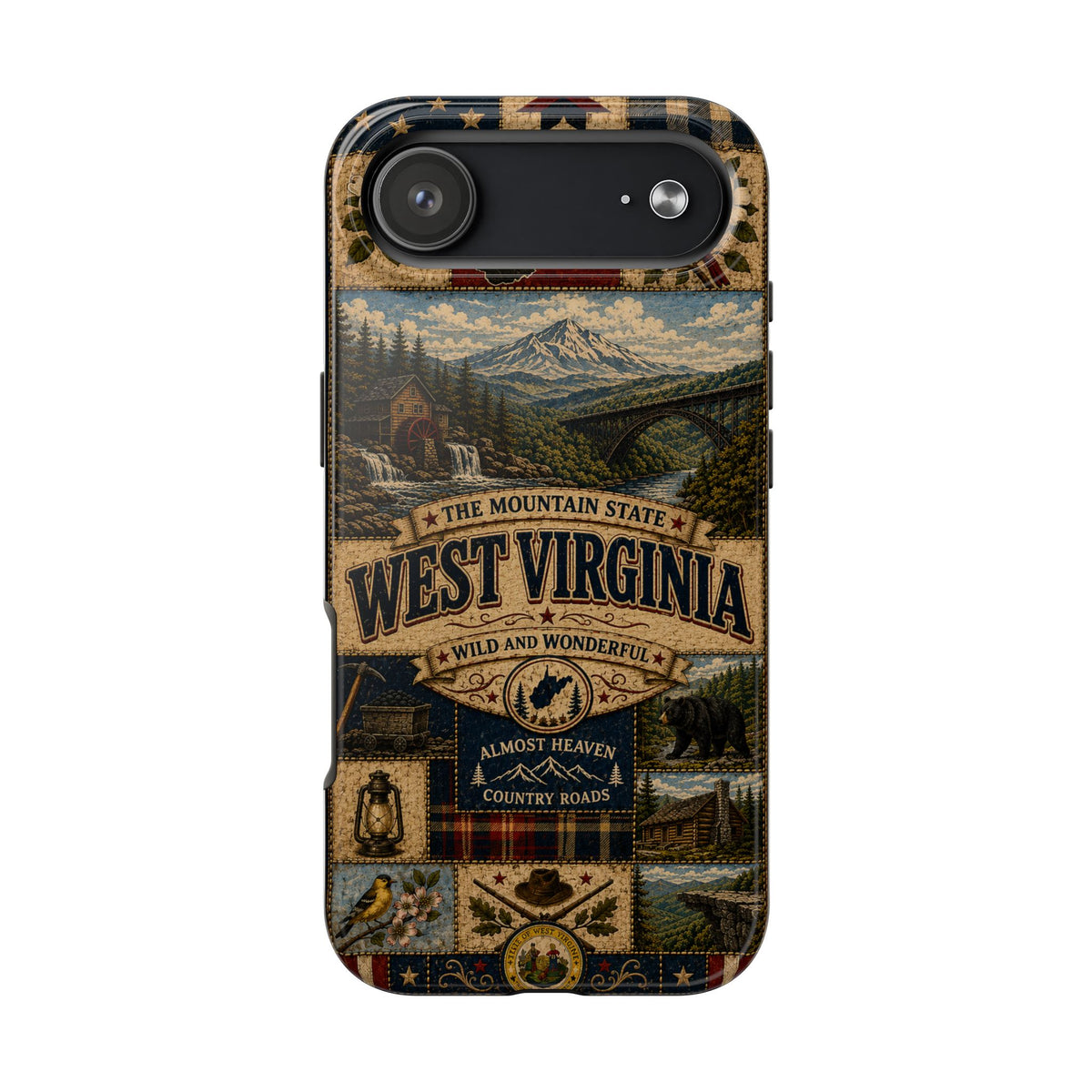 West Virginia Faux Patchwork Phone Case Mountain State Retro New River Gorge Bridge Wild and Wonderful Cover