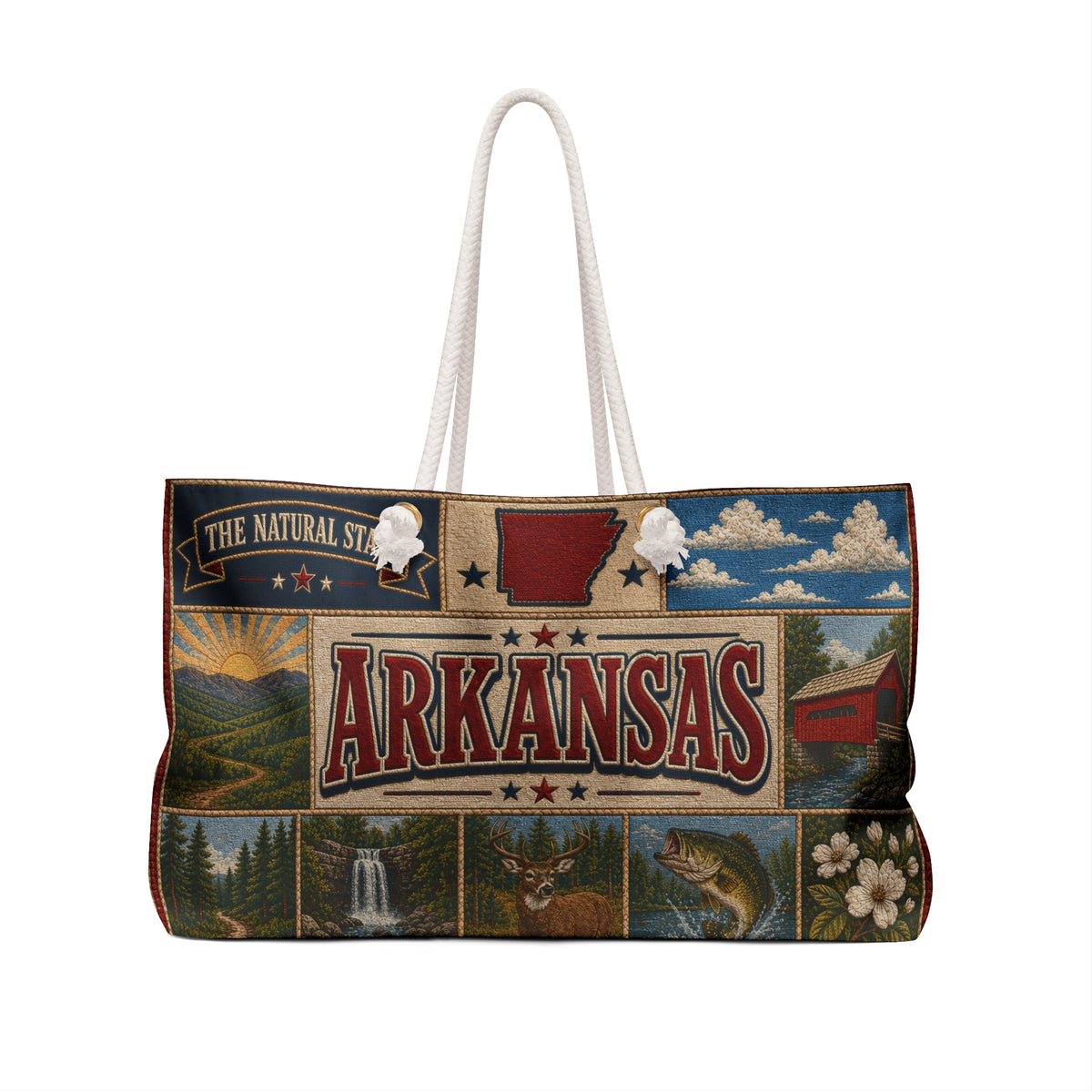 Arkansas Weekender Bag The Natural State Faux Patchwork Travel Tote Scenic Mountain Adventure State Souvenir Gift