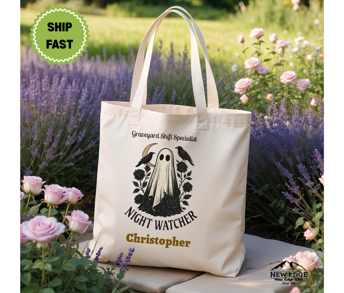 Personalized Halloween Tote Bag – Ghost with Black Flowers & Crows, “Night Watcher Graveyard Shift Specialist” Cotton Canvas Bag