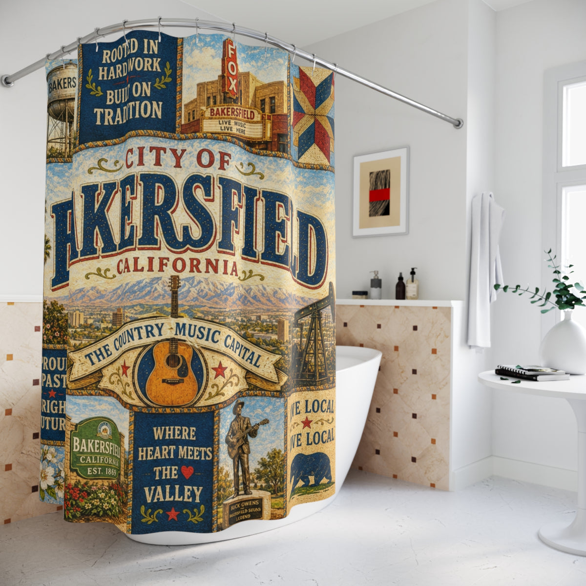 Bakersfield California Shower Curtain Country Music Capital Faux Patchwork Western City Landmark Bathroom Decor