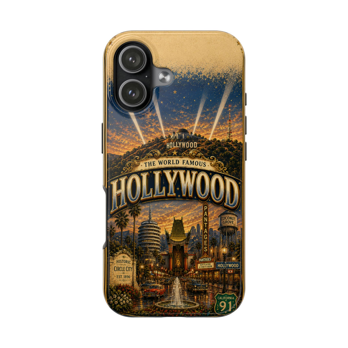 Hollywood Faux Patchwork Phone Case – Vintage Night Lights Retro Cinema Street Scene Old Hollywood Glam Cover