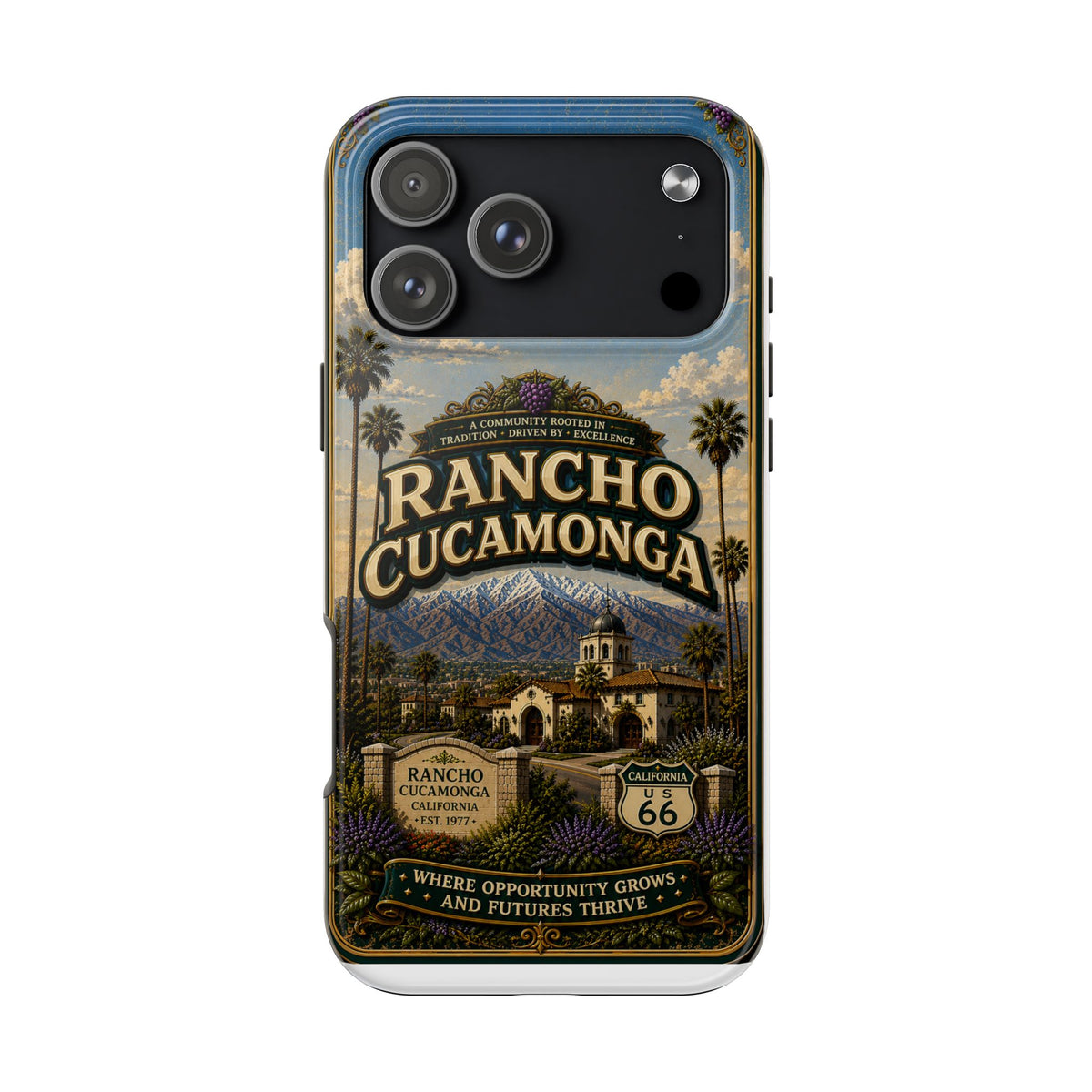Rancho Cucamonga Where Opportunity Grows Faux Patchwork Phone Case – Route 66 Vintage Travel Art Cover