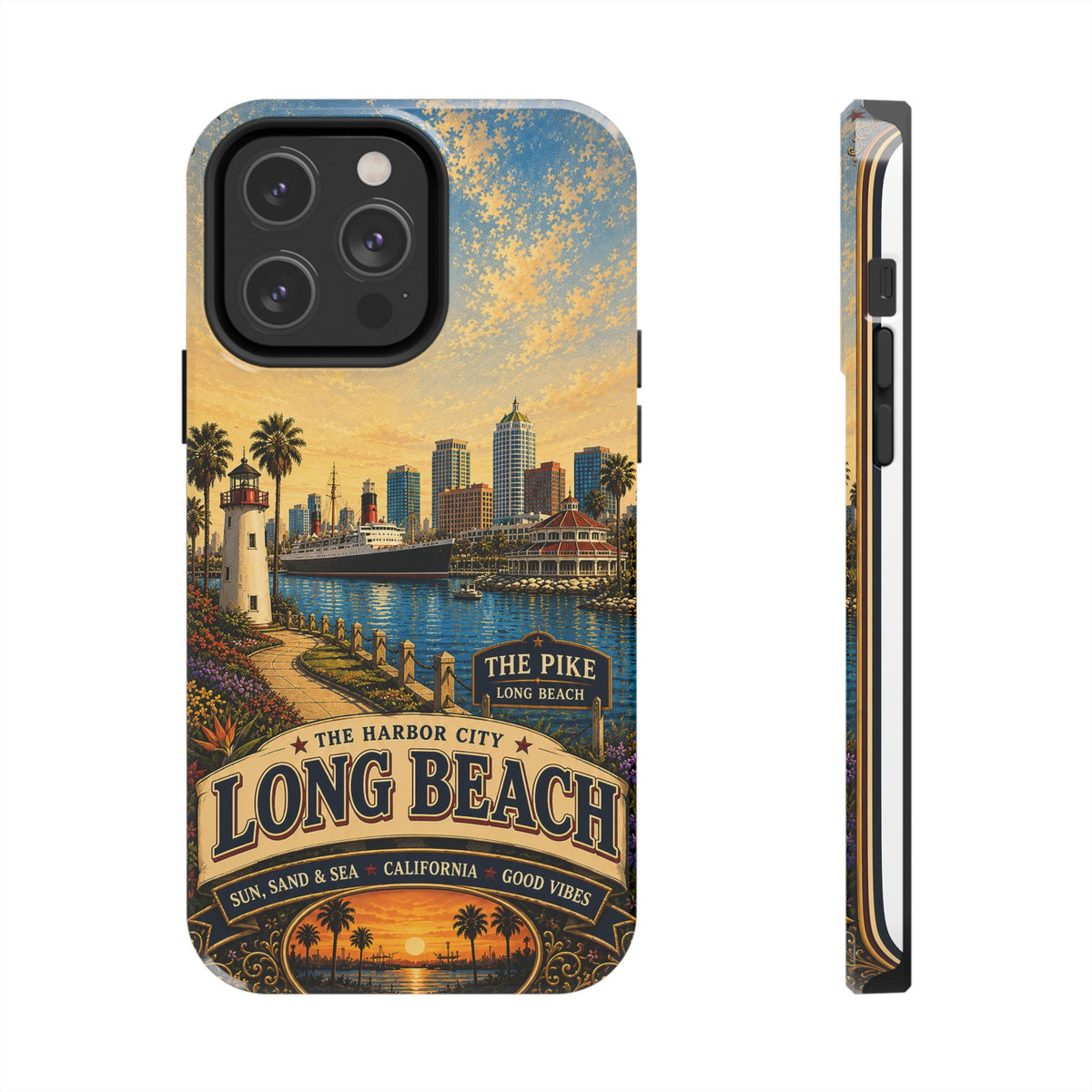Long Beach Faux Patchwork Phone Case – Harbor City Coastal Retro Art, California Sunset Waterfront Cover