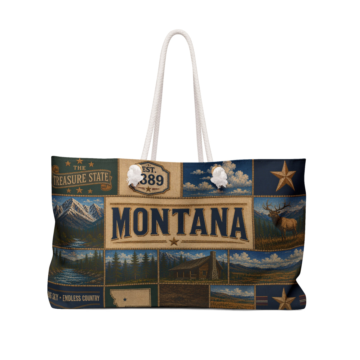Montana Weekender Bag Treasure State Faux Patchwork Travel Tote Big Sky Country Mountain Adventure Souvenir Gift