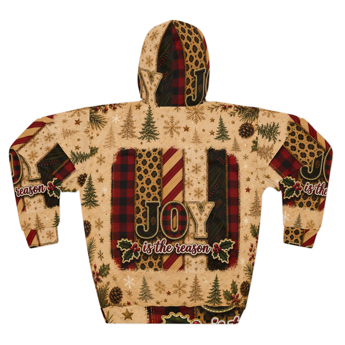 JOY Is the Reason Christmas Hoodie, Buffalo Plaid Leopard Print Rustic Holiday Unisex AOP Pullover, Christmas Gift