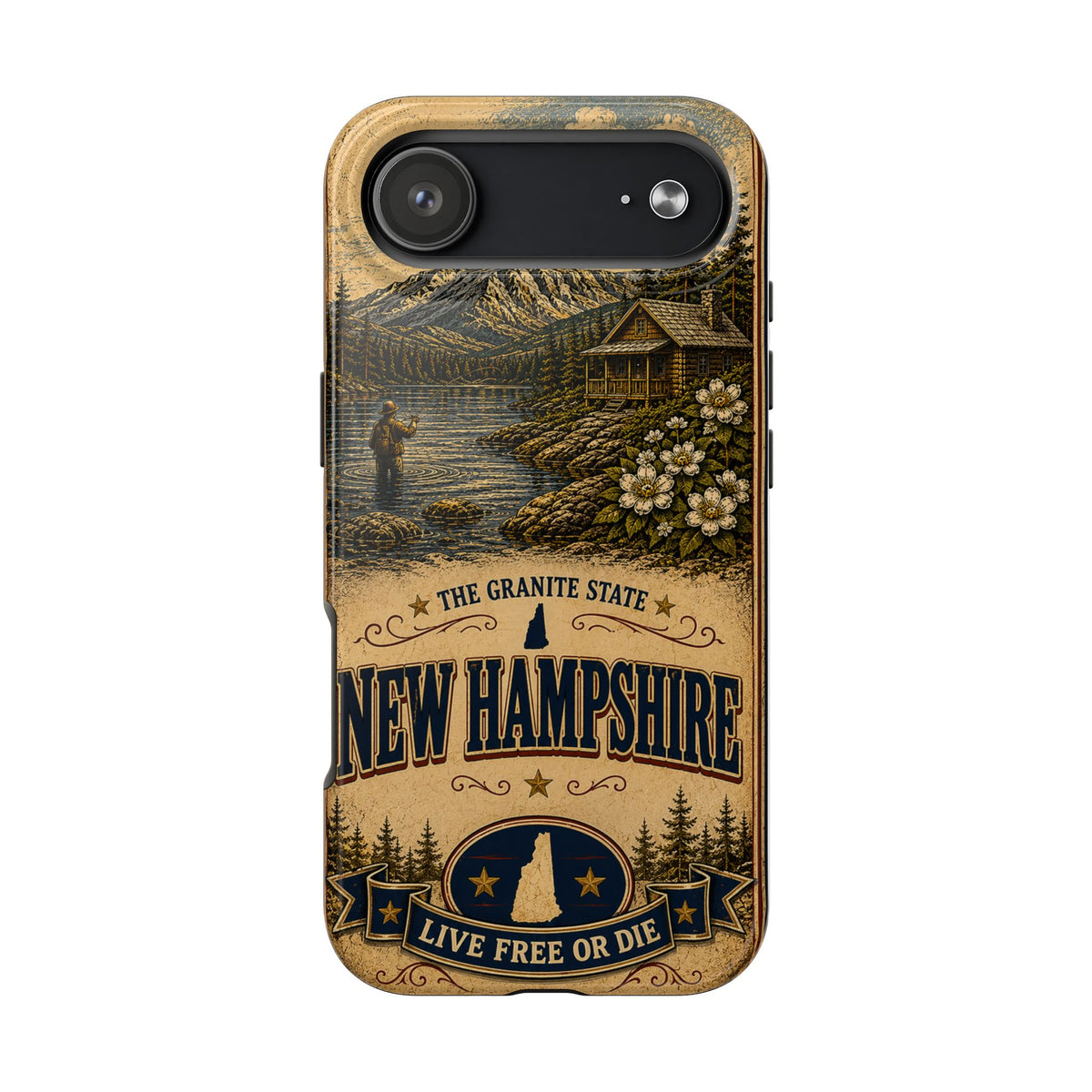 New Hampshire Faux Patchwork Phone Case Live Free or Die Granite State Vintage Travel Poster iPhone 17 Samsung S26 Cover