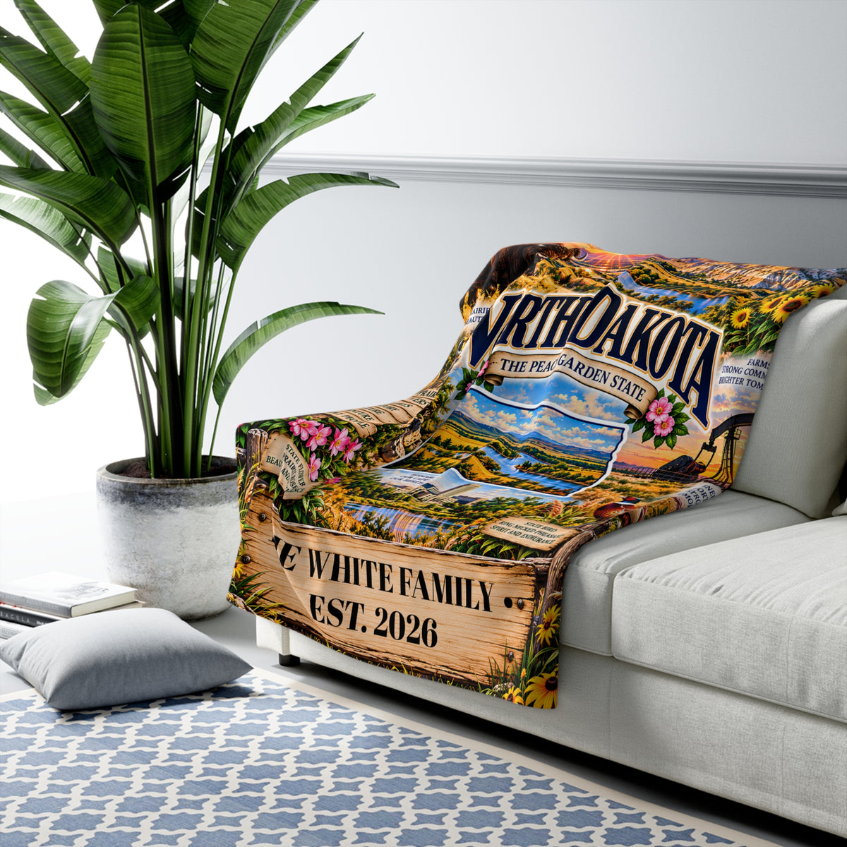 North Dakota Personalized Sherpa Blanket, Badlands Bison Prairie Scenic Custom Family Name Gift
