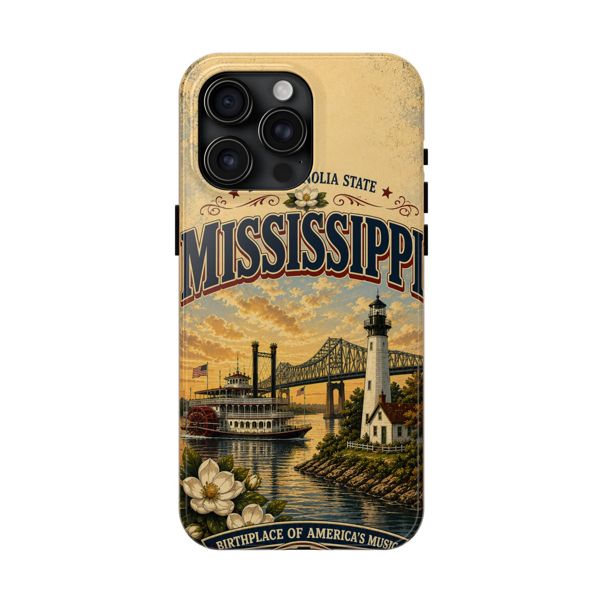 Mississippi Magnolia State Faux Patchwork Phone Case – Vintage Travel Poster Riverboat Lighthouse Design for iPhone & Samsung