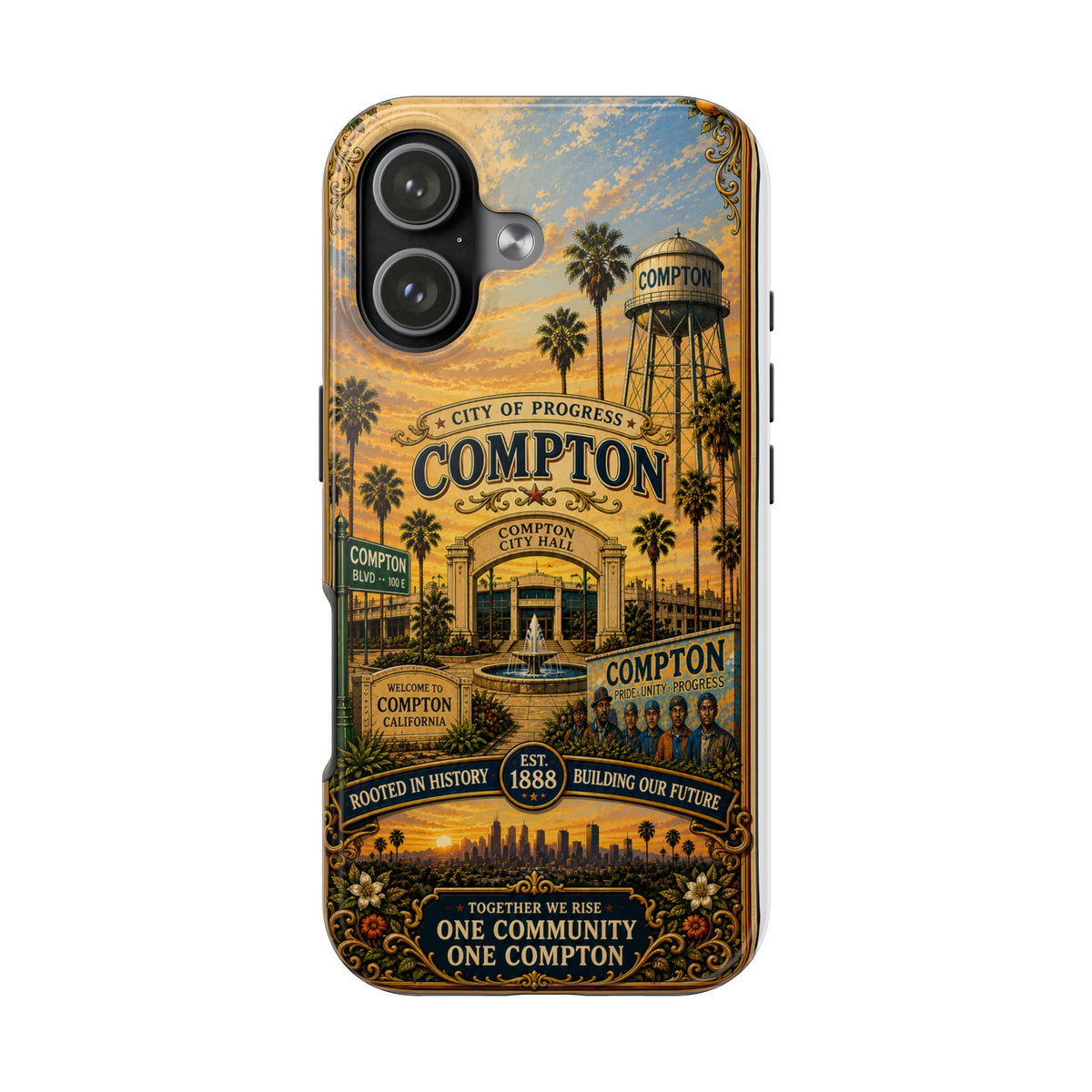 Compton Heritage Tough PhoCompton California Vintage Travel Phone Case City of Progress Retro Skyline Landmark Coverne Case — "One Community, One Compton" Vintage City Design