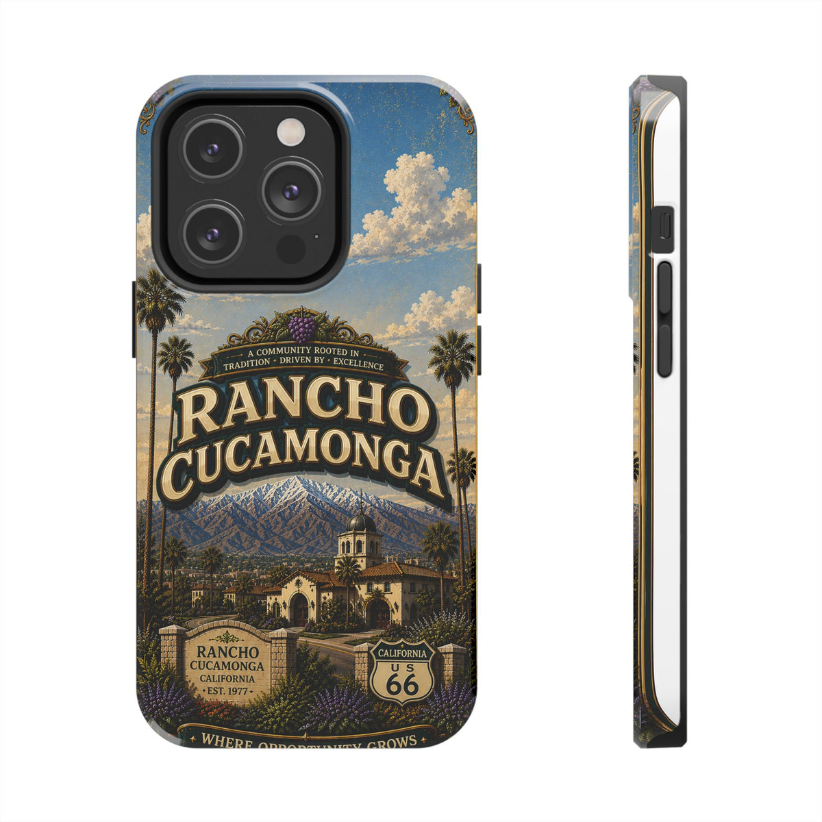 Rancho Cucamonga Where Opportunity Grows Faux Patchwork Phone Case – Route 66 Vintage Travel Art Cover