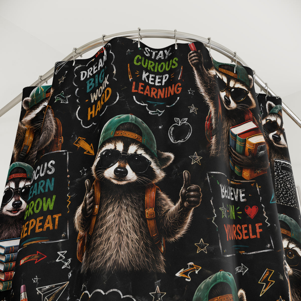 Back to School Raccoon Shower Curtain Cute Chalkboard Classroom Design Motivational School Bathroom Decor Teacher Gift