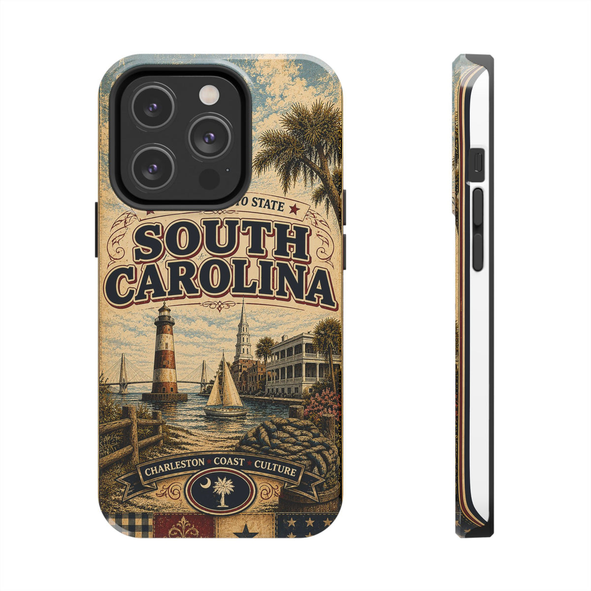 South Carolina Faux Patchwork Phone Case Palmetto State Retro Charleston Coastal Lighthouse State Pride Cover