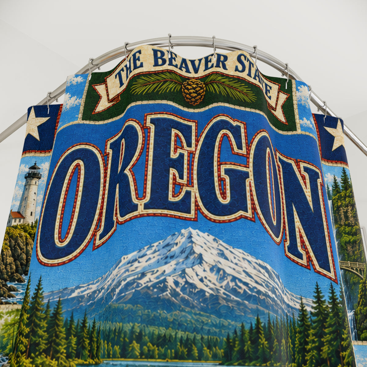 Oregon Shower Curtain Beaver State Faux Patchwork Pacific Northwest Mountains Coast Scenic Landmarks Rustic Bathroom Decor