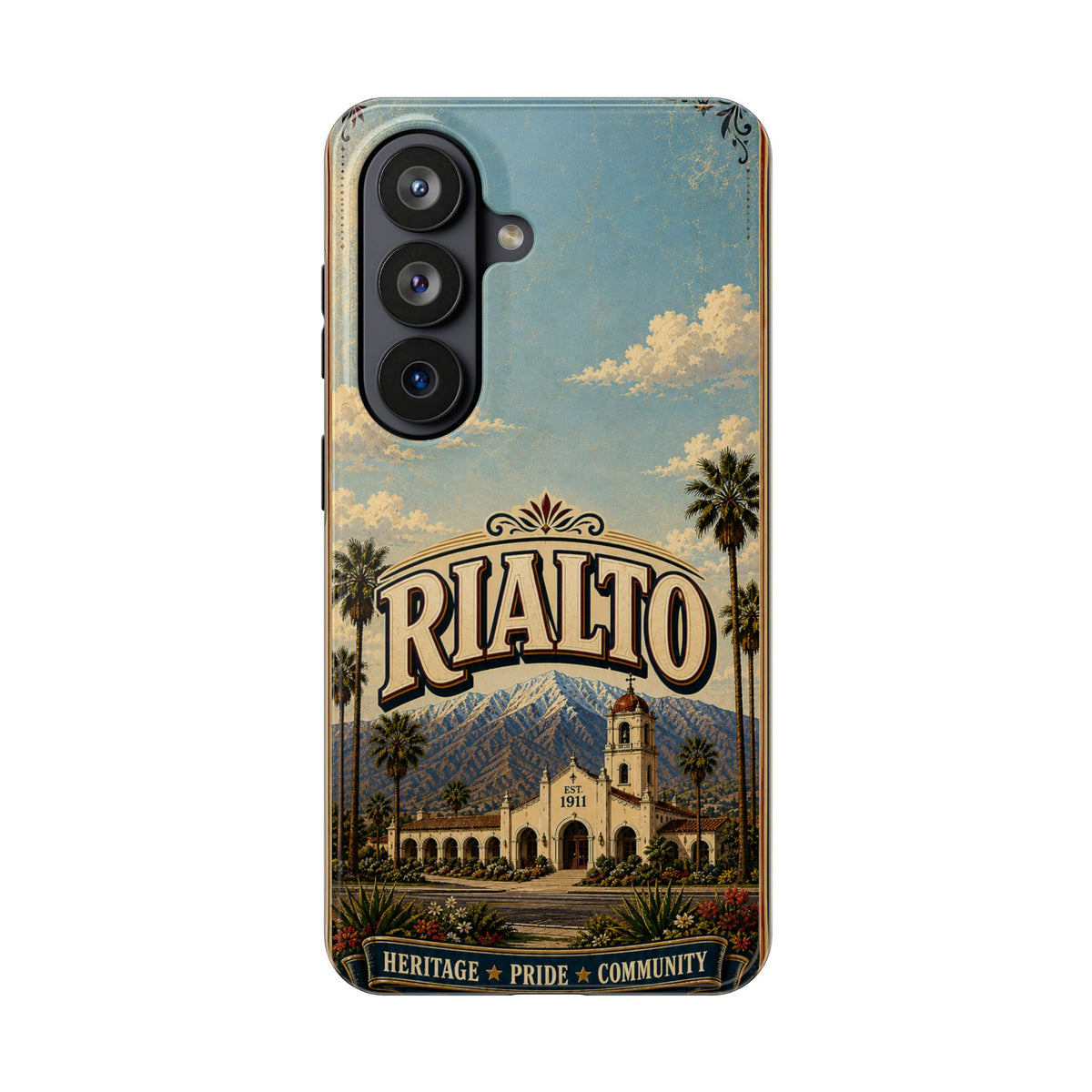 Rialto Heritage Pride Community Faux Patchwork Phone Case – Est 1911 Vintage California Travel Art Cover