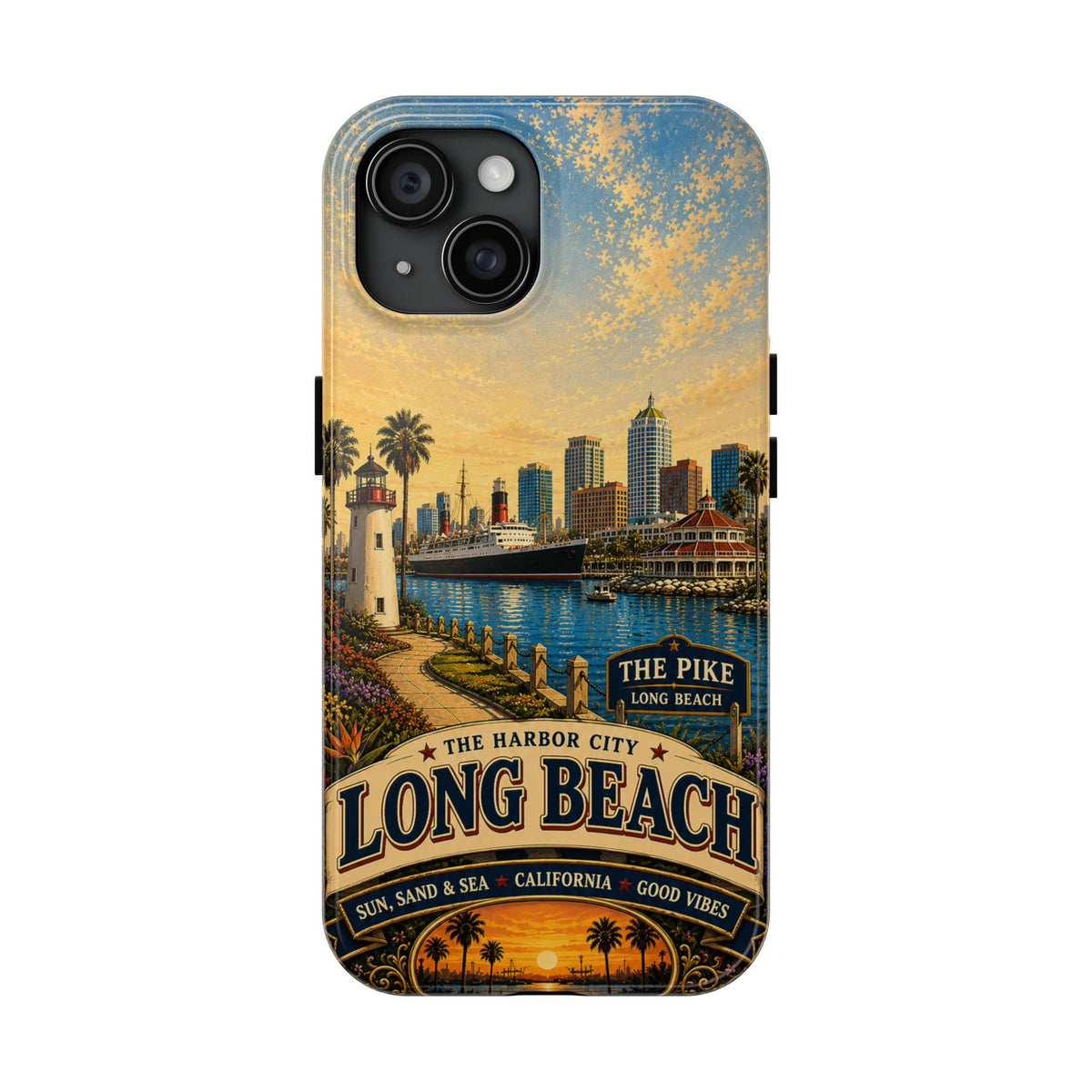 Long Beach Faux Patchwork Phone Case – Harbor City Coastal Retro Art, California Sunset Waterfront Cover