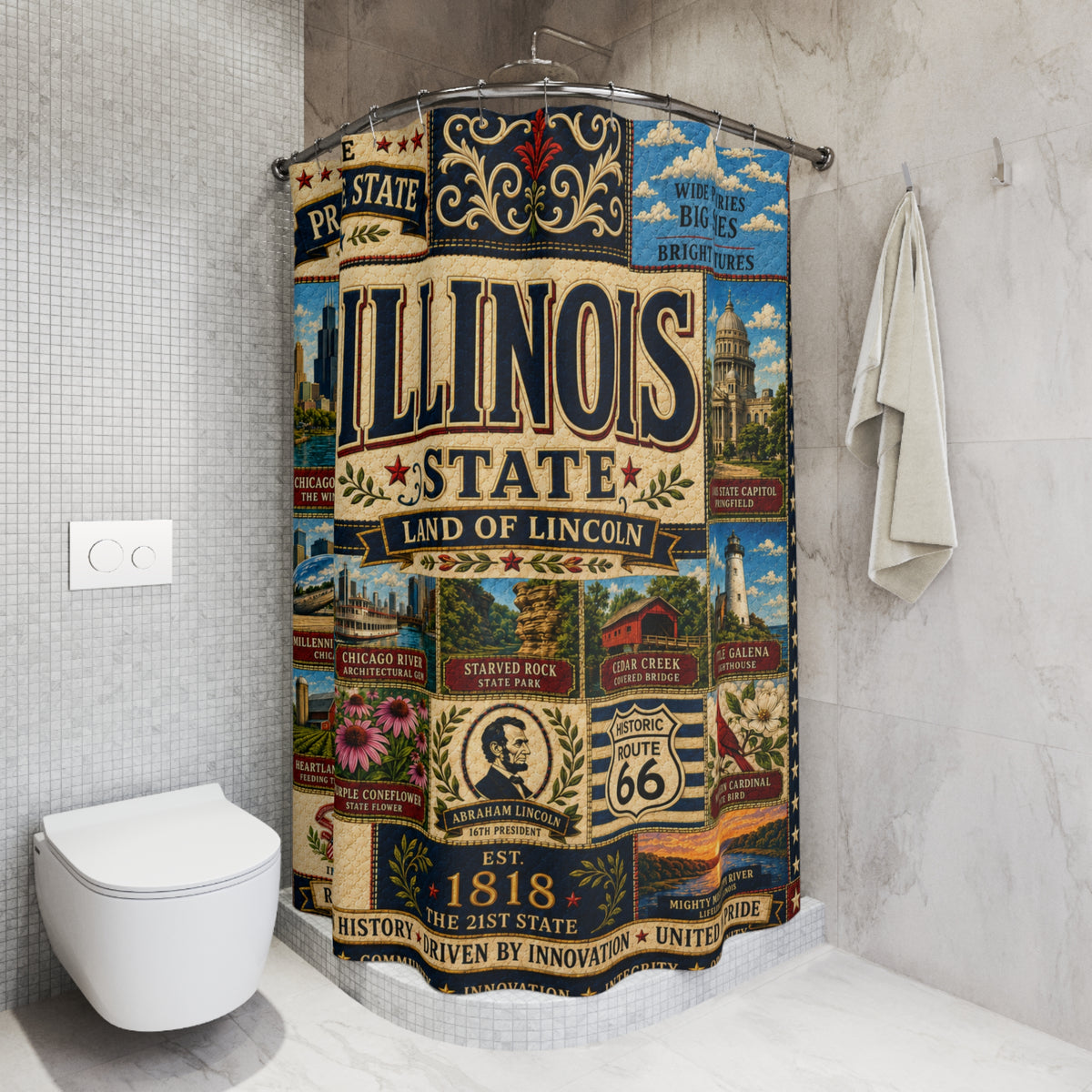 Illinois Shower Curtain, Land of Lincoln Decor, Chicago Route 66 Faux Patchwork, Prairie State Bathroom Decor