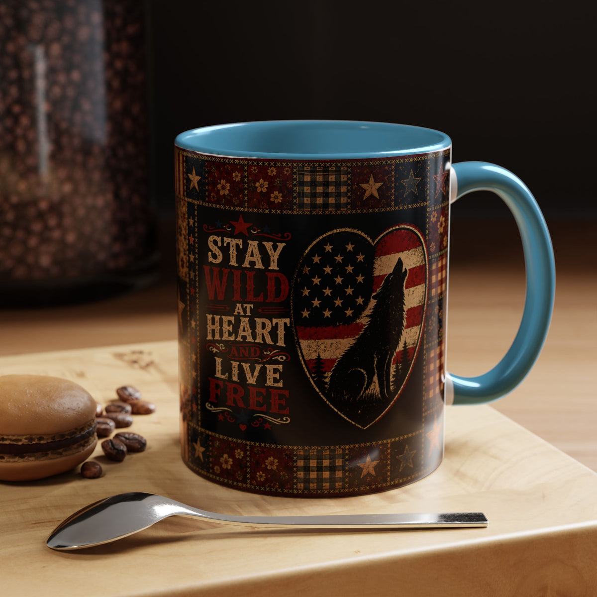 Patriotic Wolf Coffee Mug - "Stay Wild at Heart, Live Free" Accent Mug