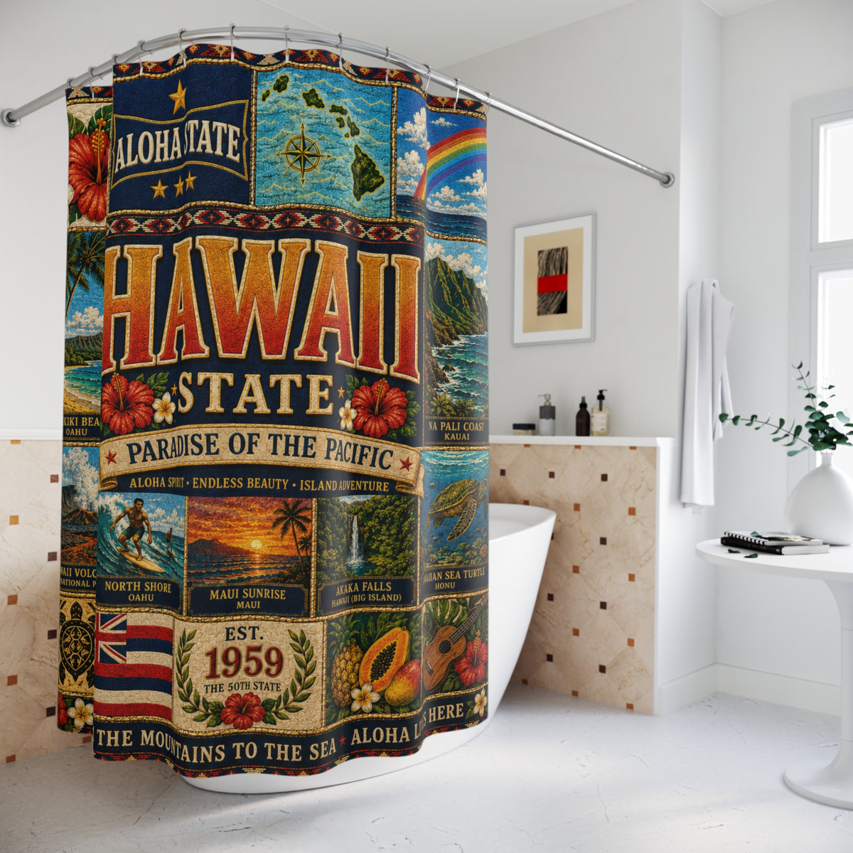 Hawaii Shower Curtain, Aloha State Decor, Tropical Island Faux Patchwork, Hawaiian Landmark Bathroom Decor