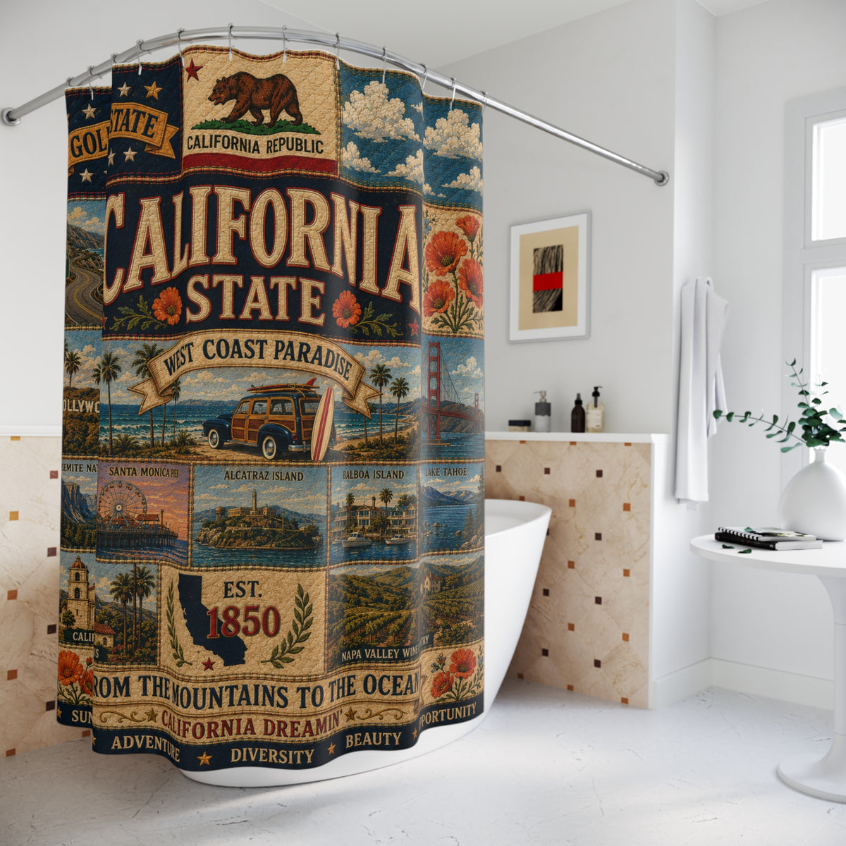 California State Shower Curtain Golden State Faux Patchwork West Coast Paradise Iconic Landmarks California Dreamin Bathroom Decor
