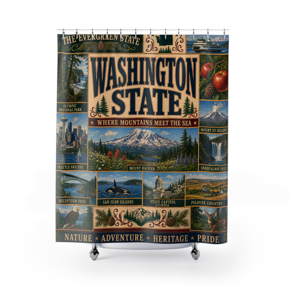 Washington State Shower Curtain Evergreen State Faux Patchwork Pacific Northwest Scenic Landmarks Rustic Bathroom Decor
