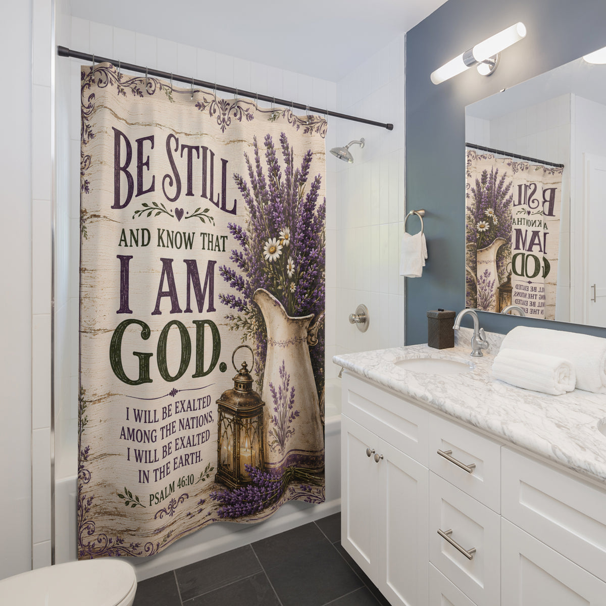 Be Still and Know Christian Shower Curtain Psalm 46 10 Lavender Farmhouse Faith Bathroom Decor