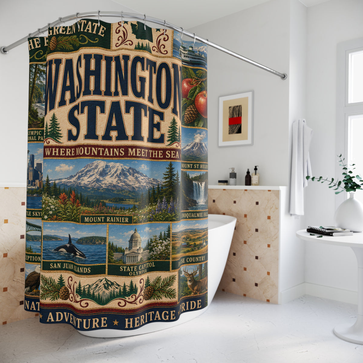 Washington State Shower Curtain Evergreen State Faux Patchwork Pacific Northwest Scenic Landmarks Rustic Bathroom Decor