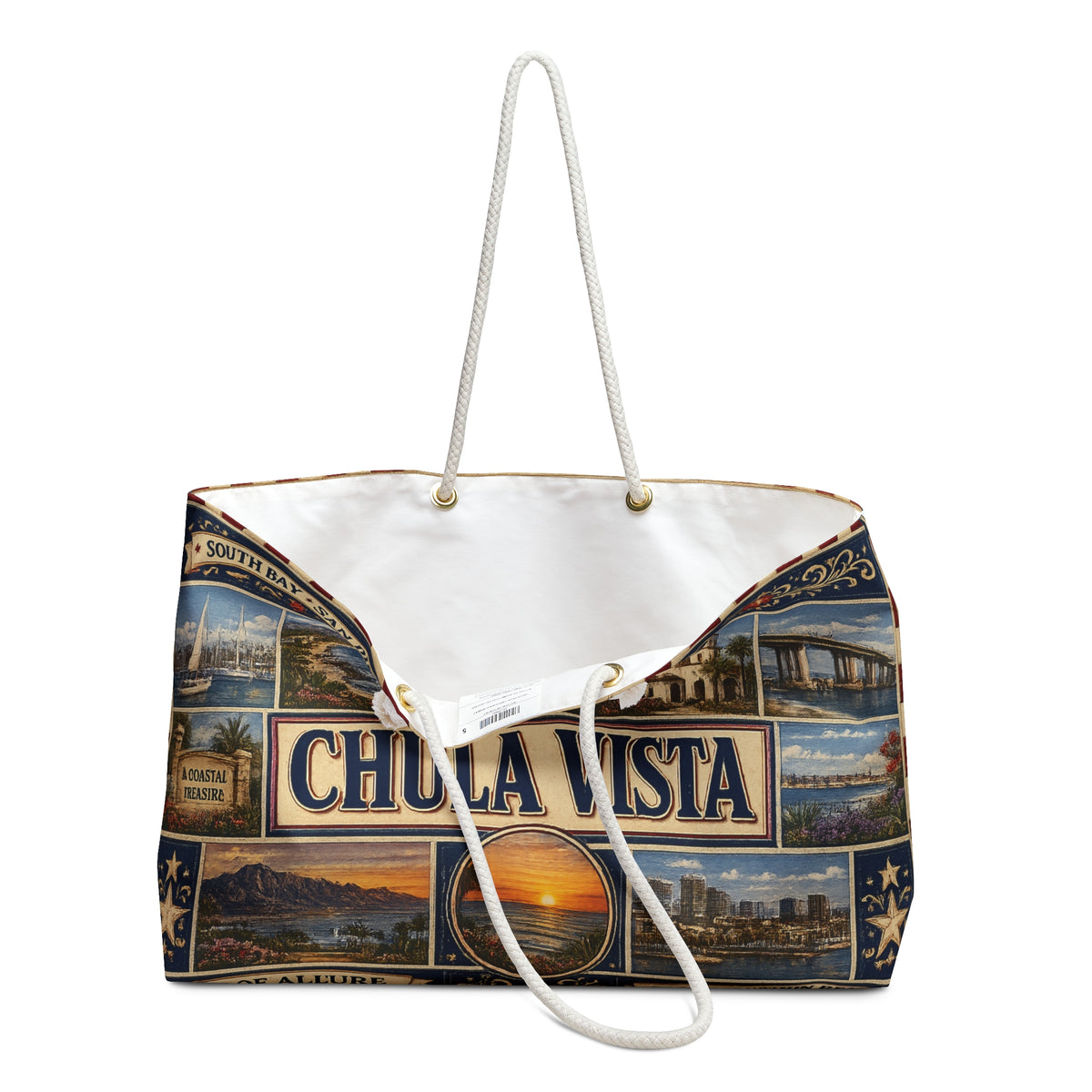 Chula Vista California Weekender Bag South Bay San Diego Faux Patchwork Travel Tote Coastal Paradise Getaway Gift