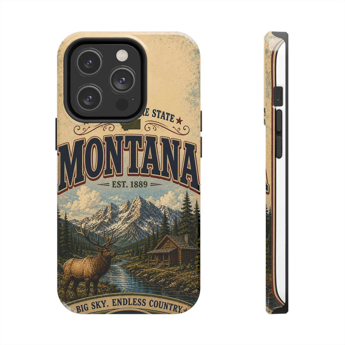 Montana Big Sky Country Faux Patchwork Phone Case – Vintage Travel Poster Scenic Mountain Design for iPhone & Samsung