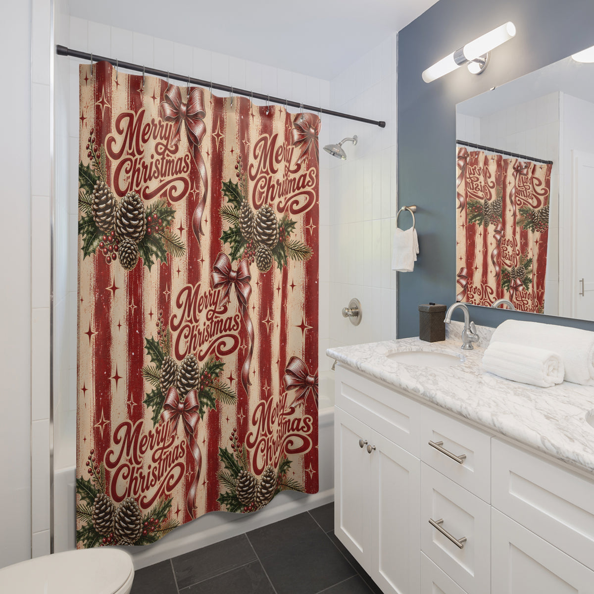 Merry Christmas Shower Curtain Pinecones Holly Berries Red Bows Rustic Stripes Farmhouse Holiday Bathroom Decor