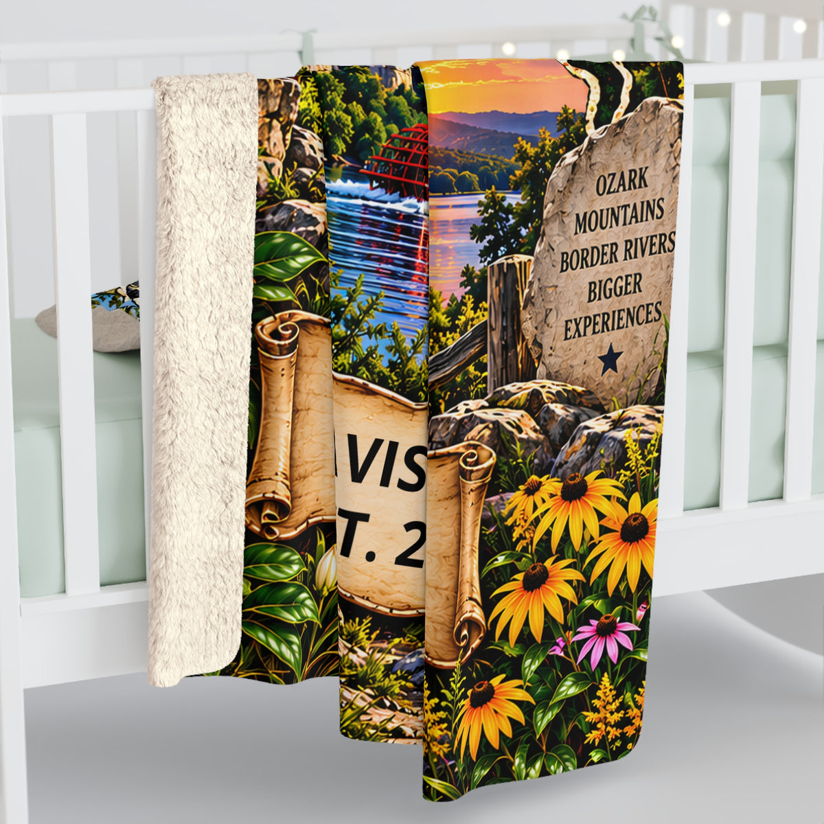 Missouri Personalized Sherpa Fleece Blanket, Show Me State Ozark Adventure Landmarks Custom Family Name