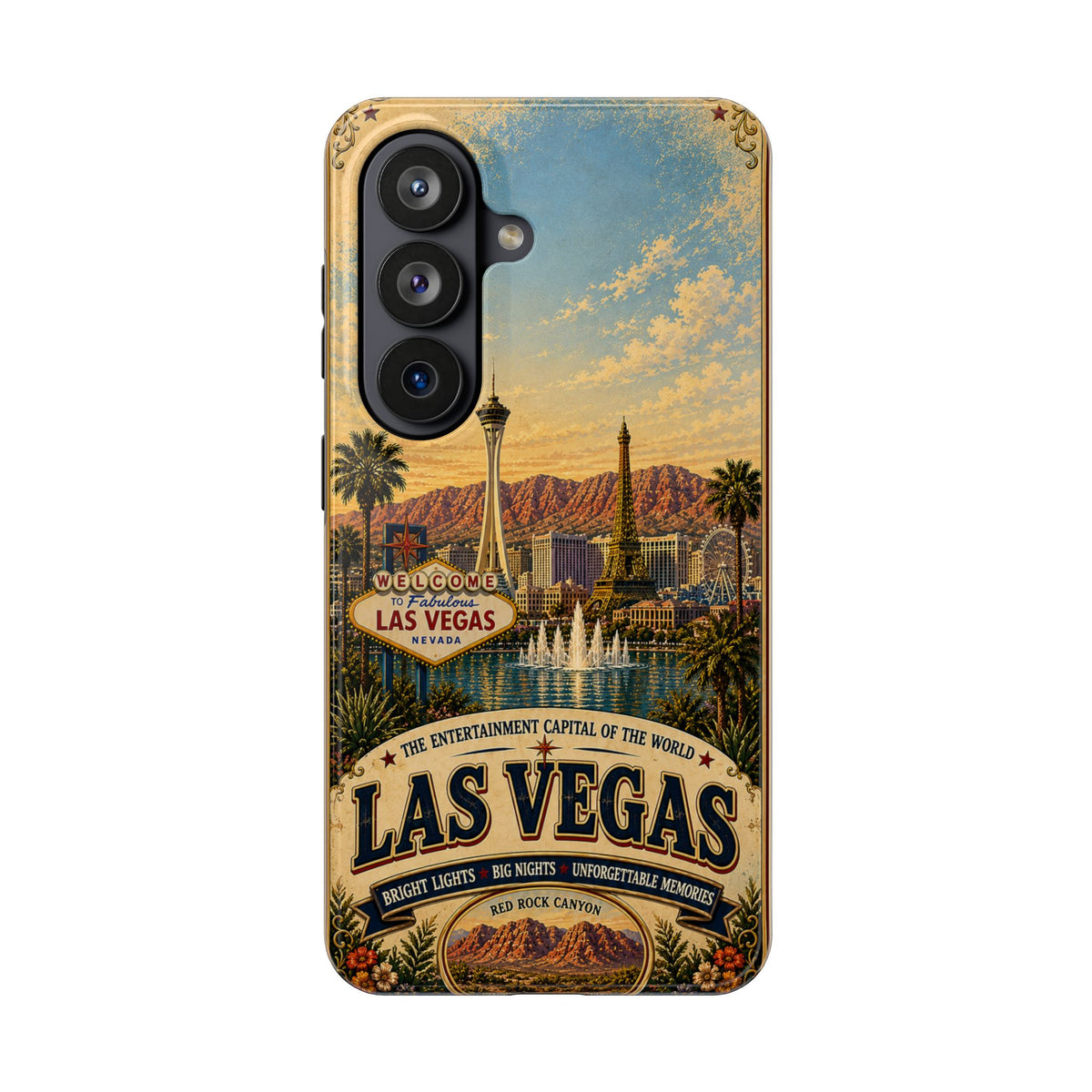 Las Vegas Faux Patchwork Phone Case – Entertainment Capital Retro Travel Art, Strip Skyline & Desert Sunset Cover