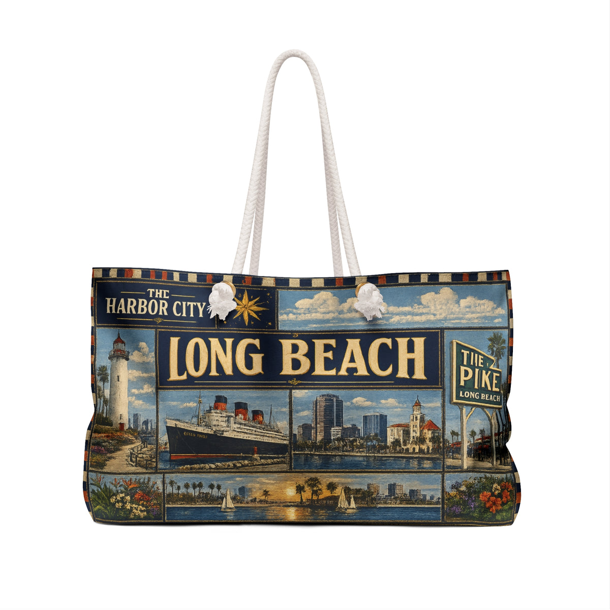 Long Beach California Weekender Bag Harbor City Faux Patchwork Travel Tote Queen Mary Coastal Getaway Gift
