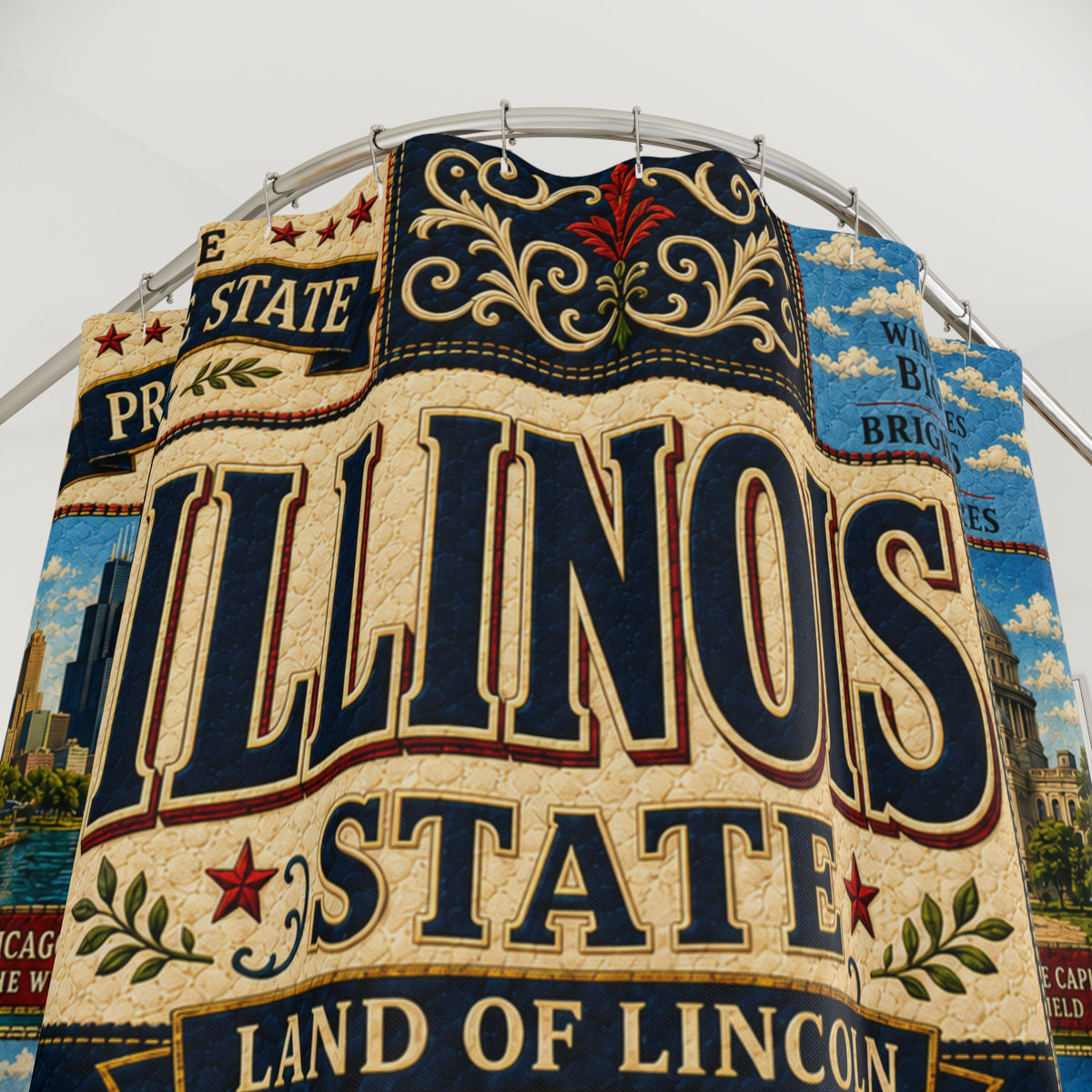 Illinois Shower Curtain, Land of Lincoln Decor, Chicago Route 66 Faux Patchwork, Prairie State Bathroom Decor