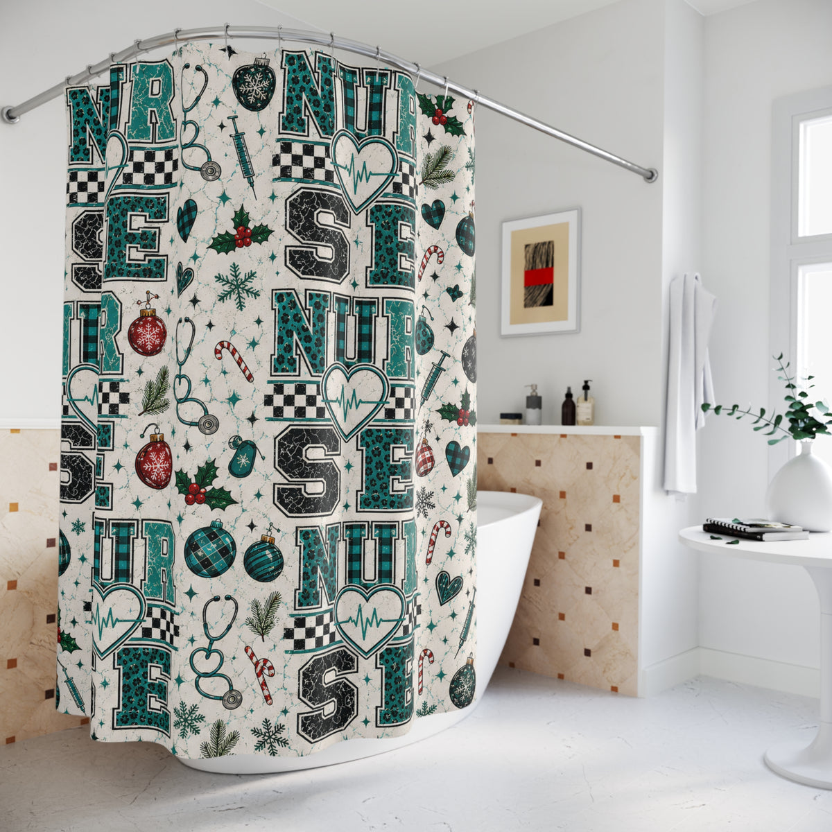 Christmas Nurse Shower Curtain Faux Patchwork Stethoscope Heartbeat Teal Plaid Nursing Holiday Bathroom Decor Nurse Gift